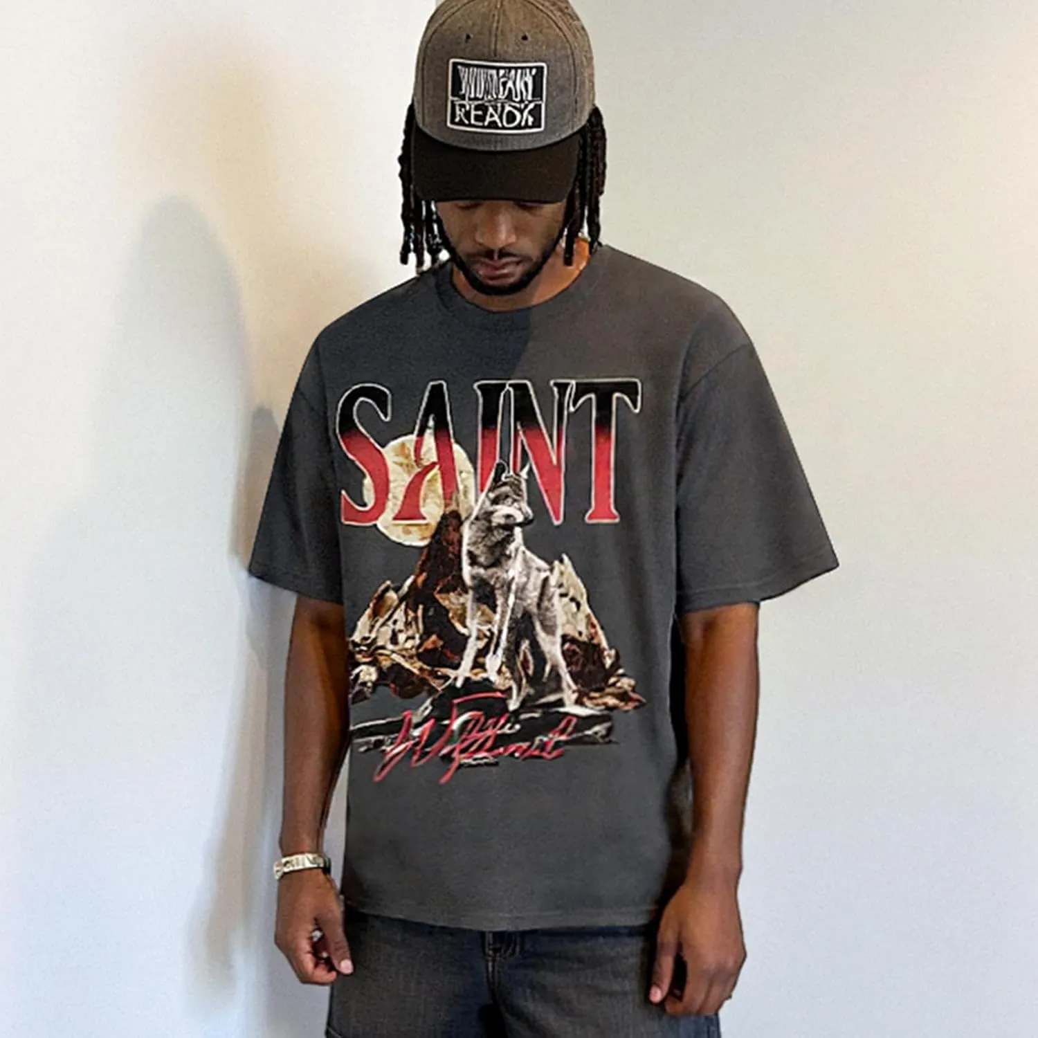 Arnodefrance Unisex Vintage Wolves Graphic Tshirt Saint Printing Streetwear Tshirts Rapper Tee Shirt Short Sleeve Shirt