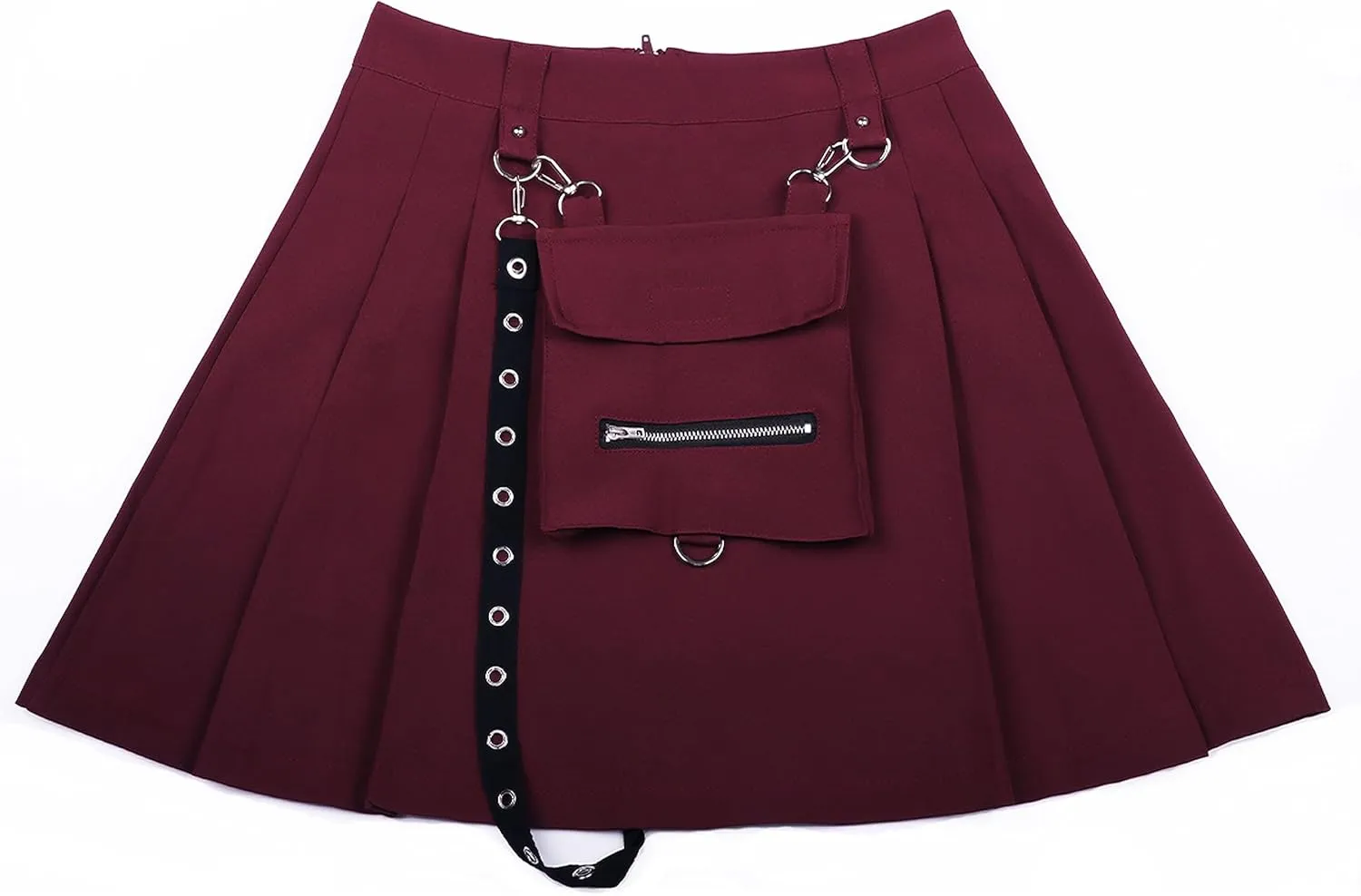 AULKEEP Womens Punk Chain Pleated Skirts Gothis A-Line Black Skirts Solid High Waist Pocket Skirts