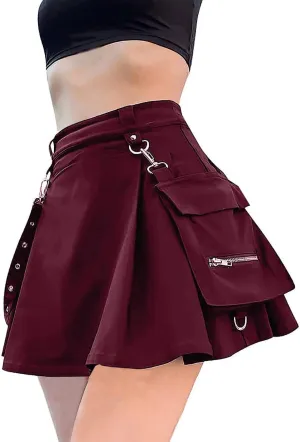 AULKEEP Womens Punk Chain Pleated Skirts Gothis A-Line Black Skirts Solid High Waist Pocket Skirts