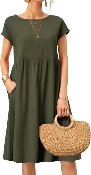 Cotton Dresses for Women Summer Short Sleeve T-Shirt Dress Casual Loose Fit Crewneck Midi Dresses with Pockets