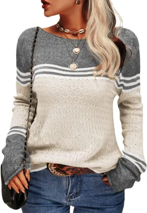 Danedvi Women Autumn Winter Colorblock Pullover Sweaters Round Neck Striped Slim Fitting Knitwear Tops