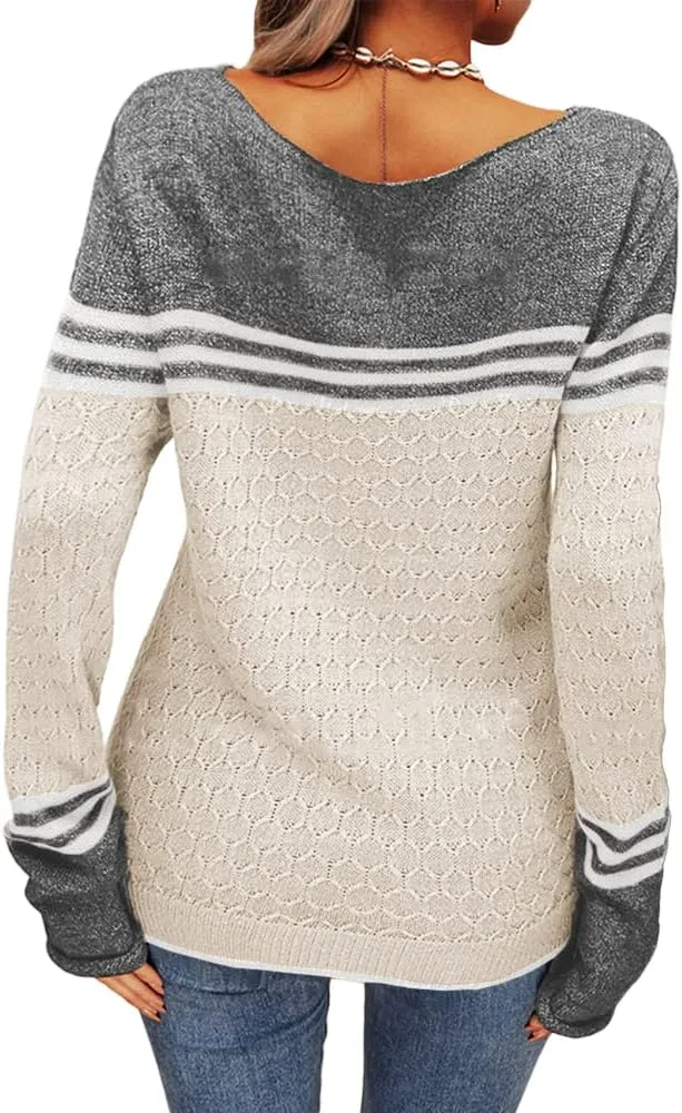 Danedvi Women Autumn Winter Colorblock Pullover Sweaters Round Neck Striped Slim Fitting Knitwear Tops