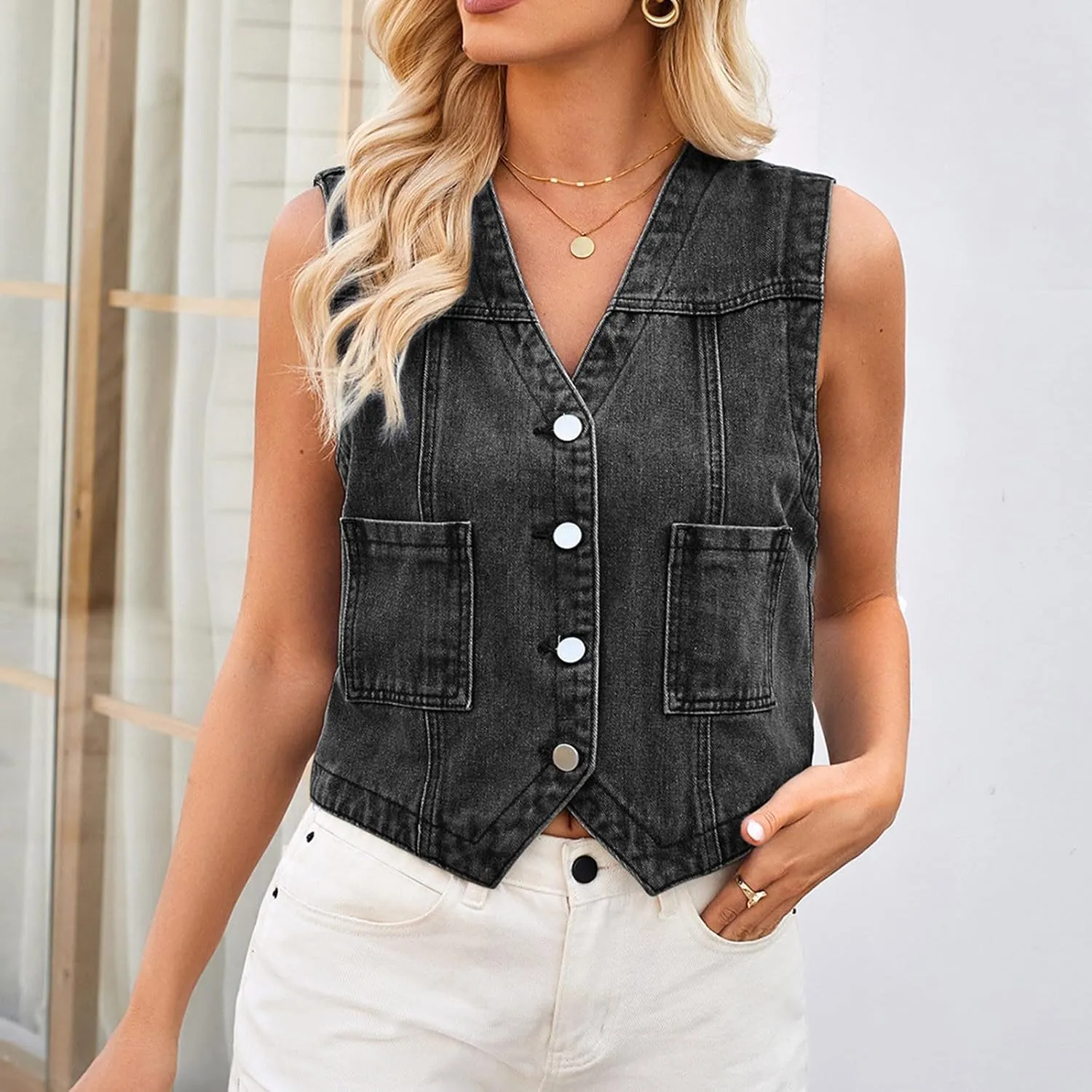 Denim Vest Top for Women Y2k Western Cowgirl Sleeveless V Neck Waistcoat Jacket Button Down Casual Jean Crop Top 2025