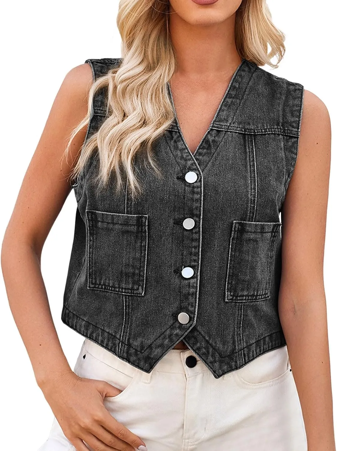 Denim Vest Top for Women Y2k Western Cowgirl Sleeveless V Neck Waistcoat Jacket Button Down Casual Jean Crop Top 2025