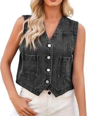 Denim Vest Top for Women Y2k Western Cowgirl Sleeveless V Neck Waistcoat Jacket Button Down Casual Jean Crop Top 2025