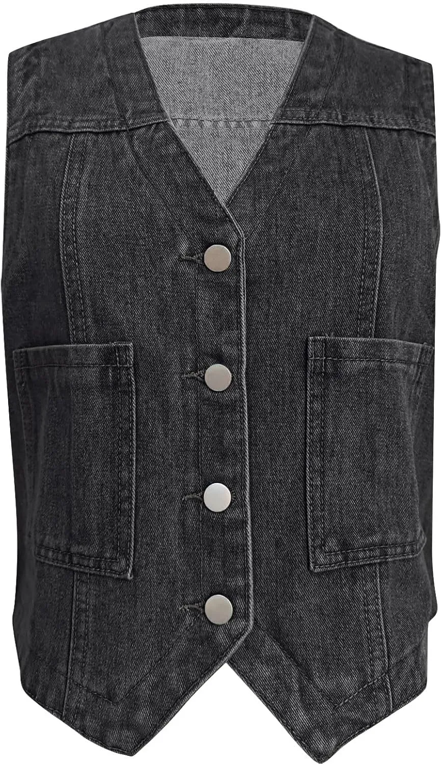 Denim Vest Top for Women Y2k Western Cowgirl Sleeveless V Neck Waistcoat Jacket Button Down Casual Jean Crop Top 2025