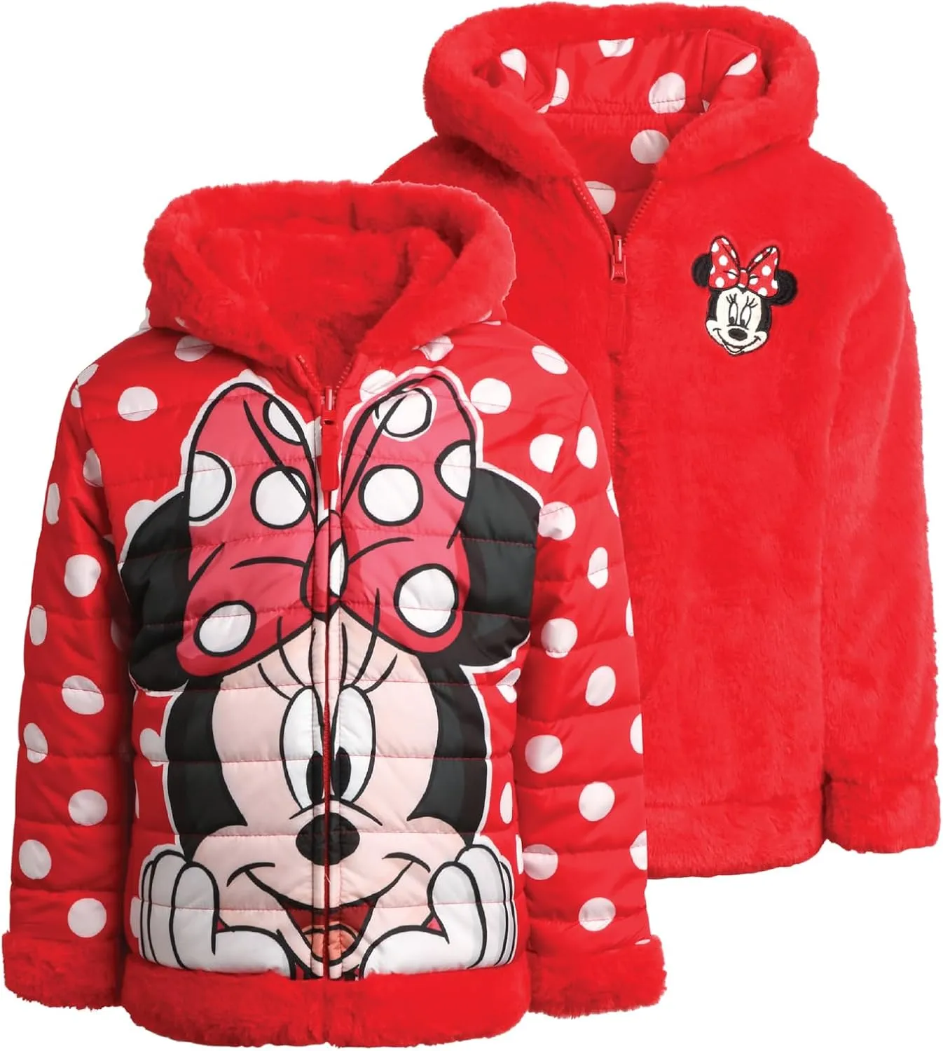 Disney Girls' Reversible Puffer Jacket - Princess, Minnie Mouse Quilted Jacket with Cozy Faux Fur Plush Sherpa Lining (2T-16)