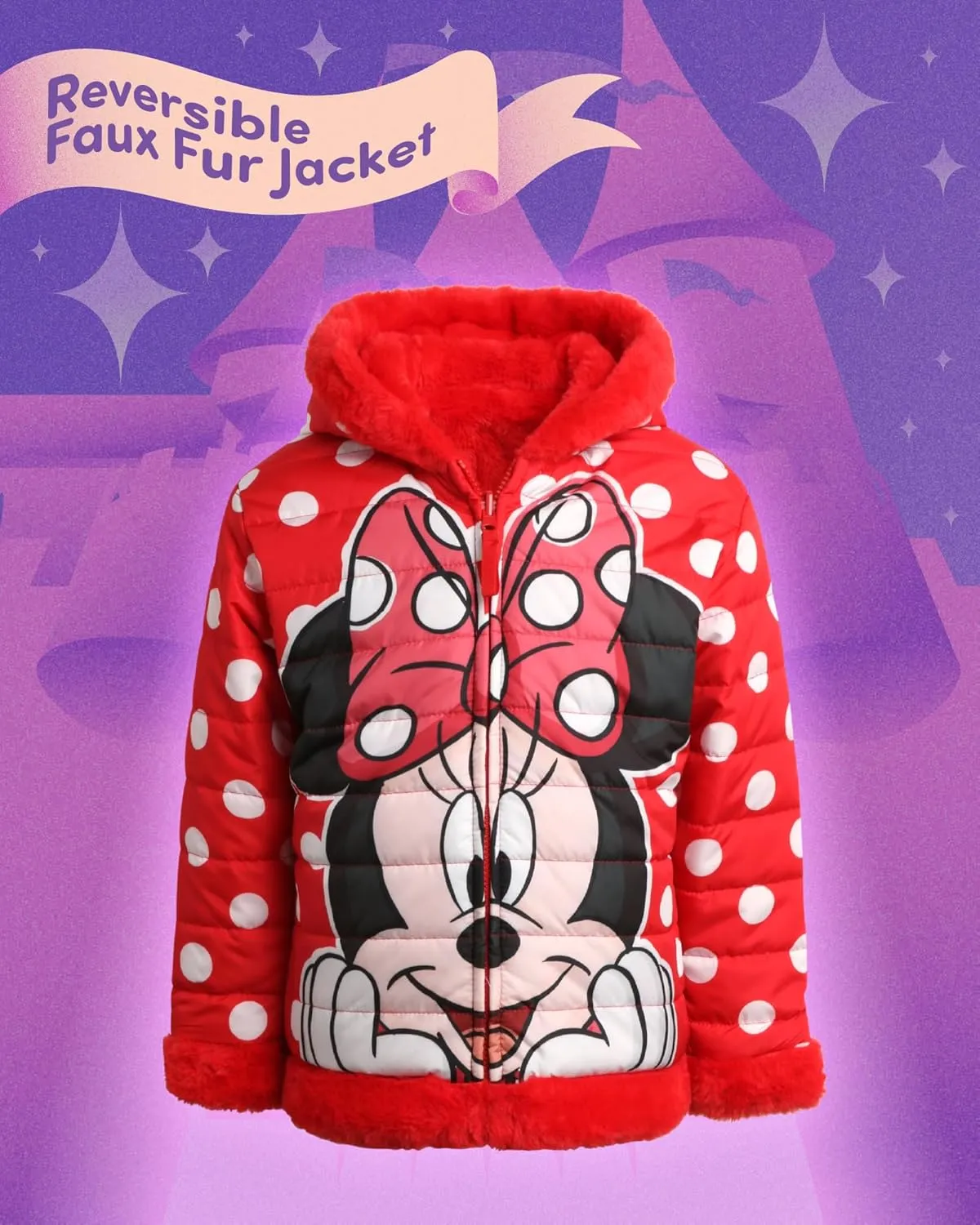 Disney Girls' Reversible Puffer Jacket - Princess, Minnie Mouse Quilted Jacket with Cozy Faux Fur Plush Sherpa Lining (2T-16)