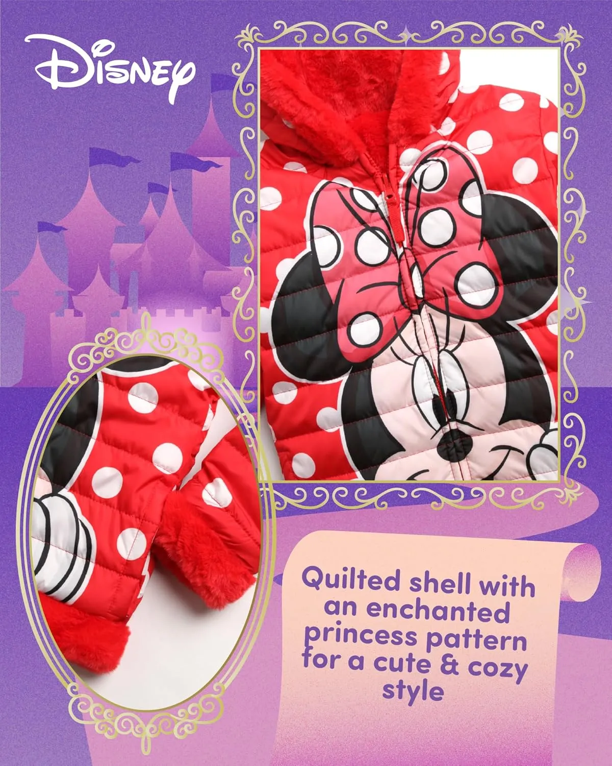 Disney Girls' Reversible Puffer Jacket - Princess, Minnie Mouse Quilted Jacket with Cozy Faux Fur Plush Sherpa Lining (2T-16)
