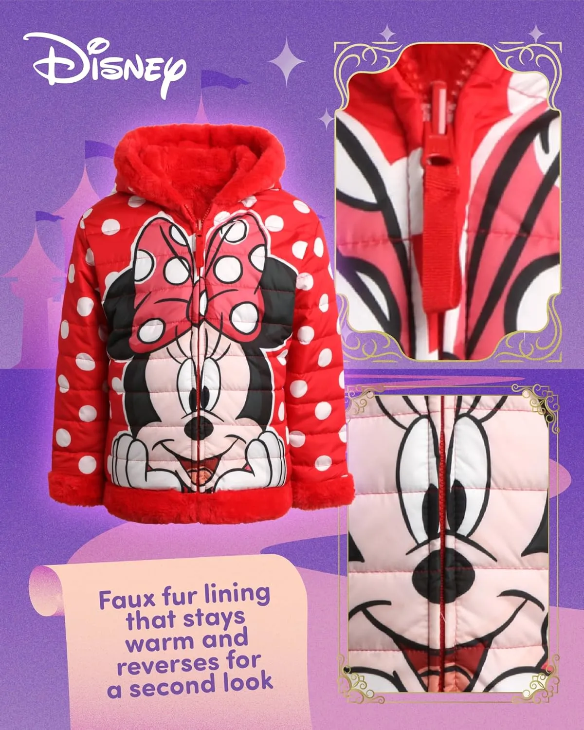 Disney Girls' Reversible Puffer Jacket - Princess, Minnie Mouse Quilted Jacket with Cozy Faux Fur Plush Sherpa Lining (2T-16)