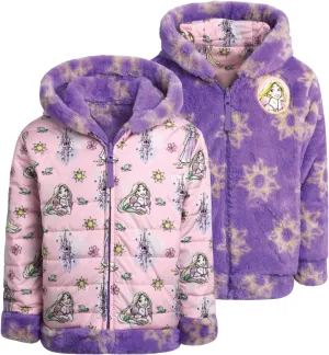 Disney Girls' Reversible Puffer Jacket - Princess, Minnie Mouse Quilted Jacket with Cozy Faux Fur Plush Sherpa Lining (2T-16)