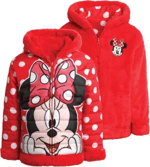 Disney Girls' Reversible Puffer Jacket - Princess, Minnie Mouse Quilted Jacket with Cozy Faux Fur Plush Sherpa Lining (2T-16)