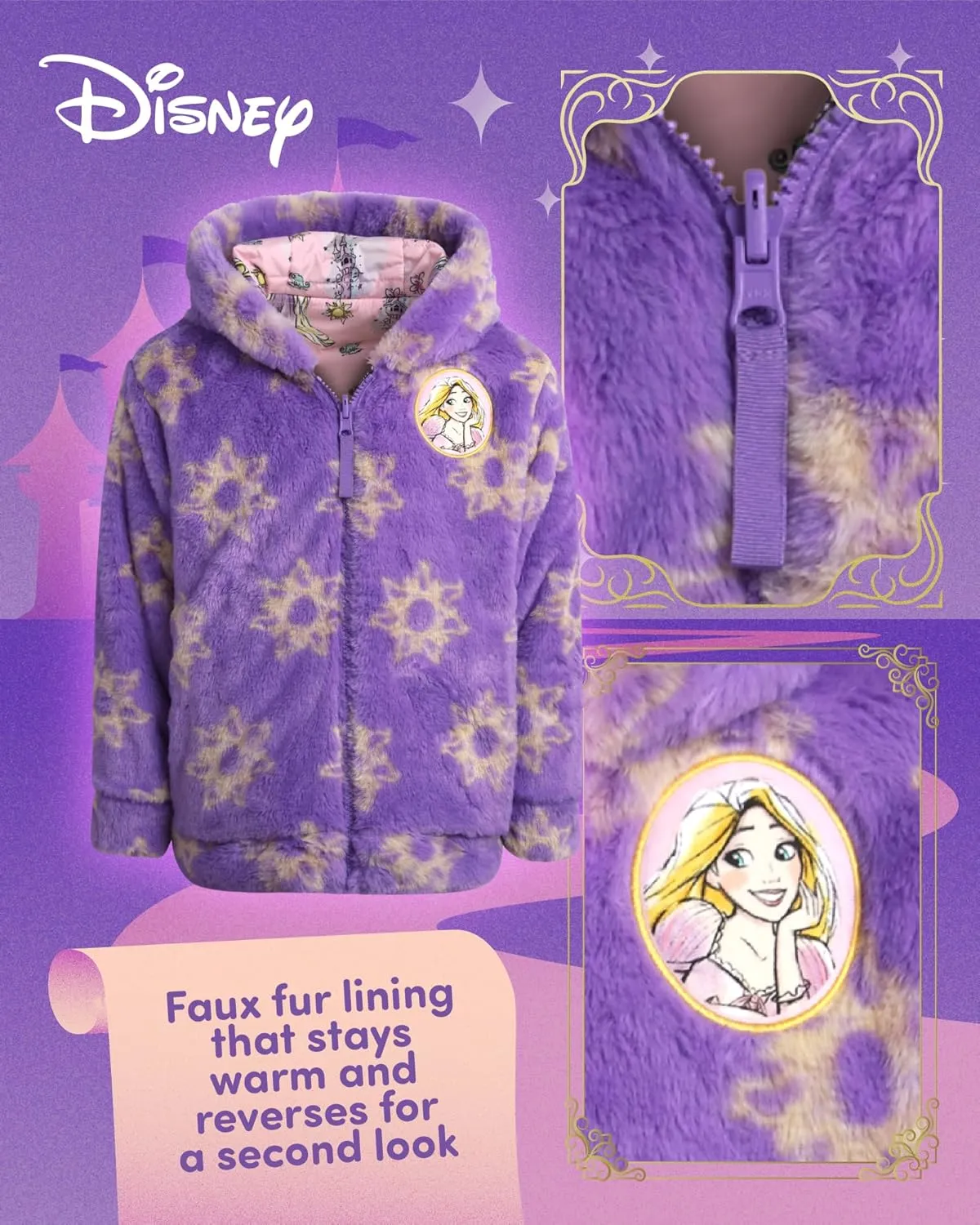 Disney Girls' Reversible Puffer Jacket - Princess, Minnie Mouse Quilted Jacket with Cozy Faux Fur Plush Sherpa Lining (2T-16)