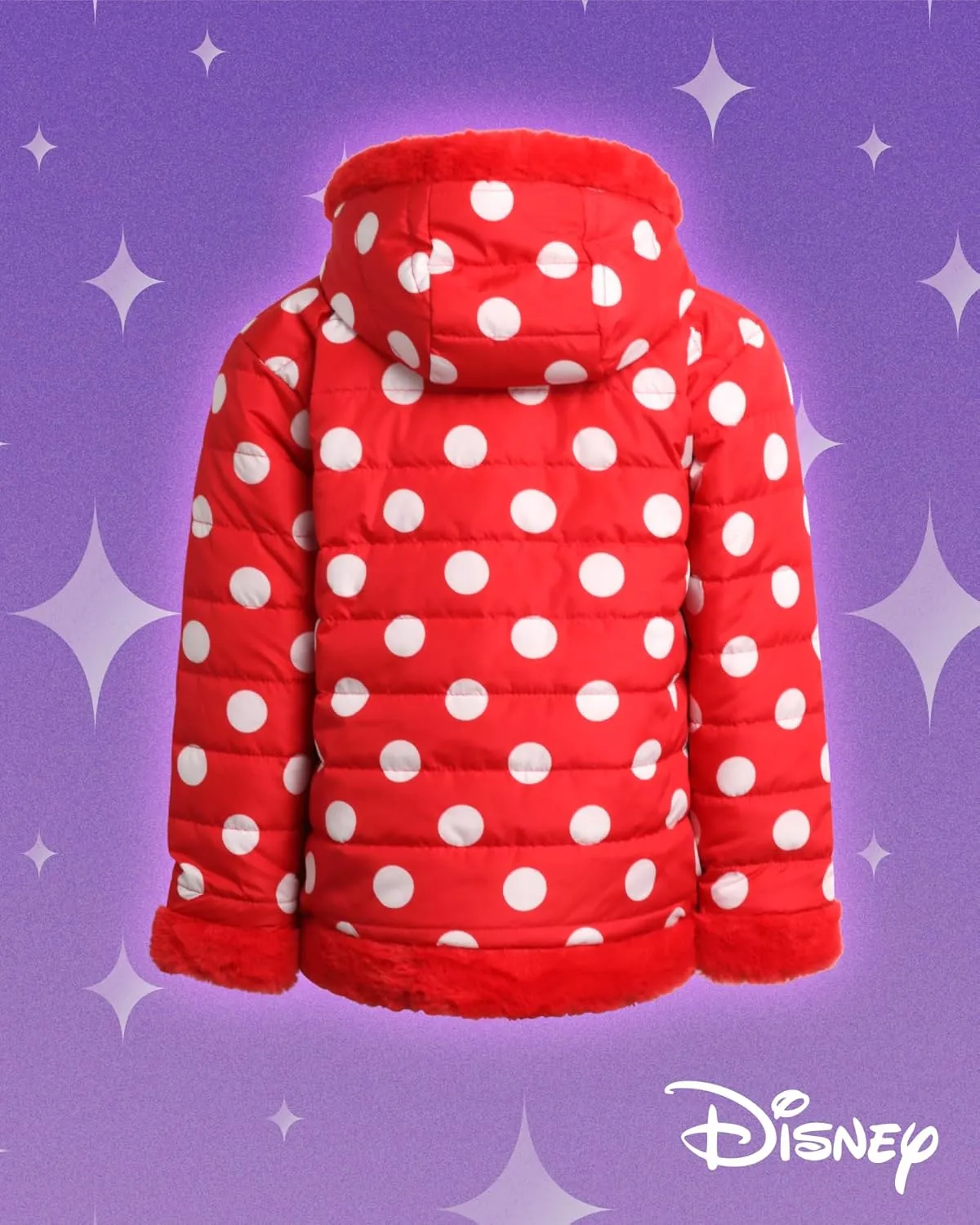 Disney Girls' Reversible Puffer Jacket - Princess, Minnie Mouse Quilted Jacket with Cozy Faux Fur Plush Sherpa Lining (2T-16)