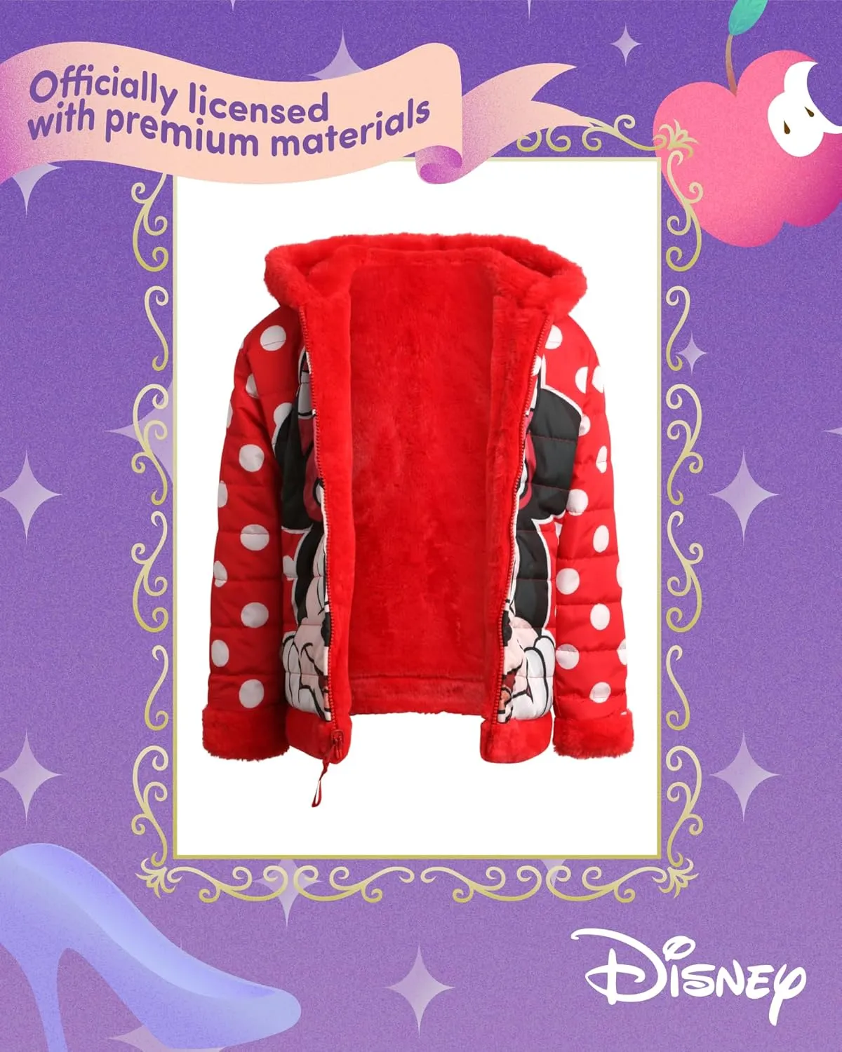 Disney Girls' Reversible Puffer Jacket - Princess, Minnie Mouse Quilted Jacket with Cozy Faux Fur Plush Sherpa Lining (2T-16)