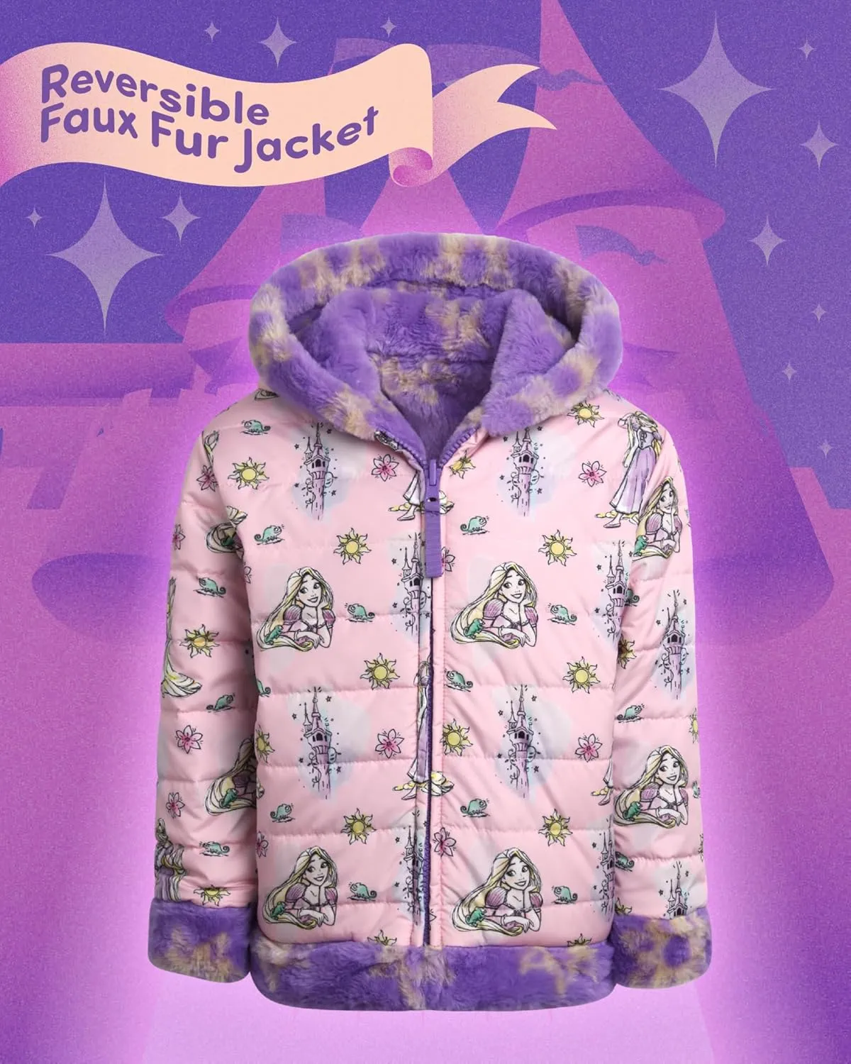 Disney Girls' Reversible Puffer Jacket - Princess, Minnie Mouse Quilted Jacket with Cozy Faux Fur Plush Sherpa Lining (2T-16)