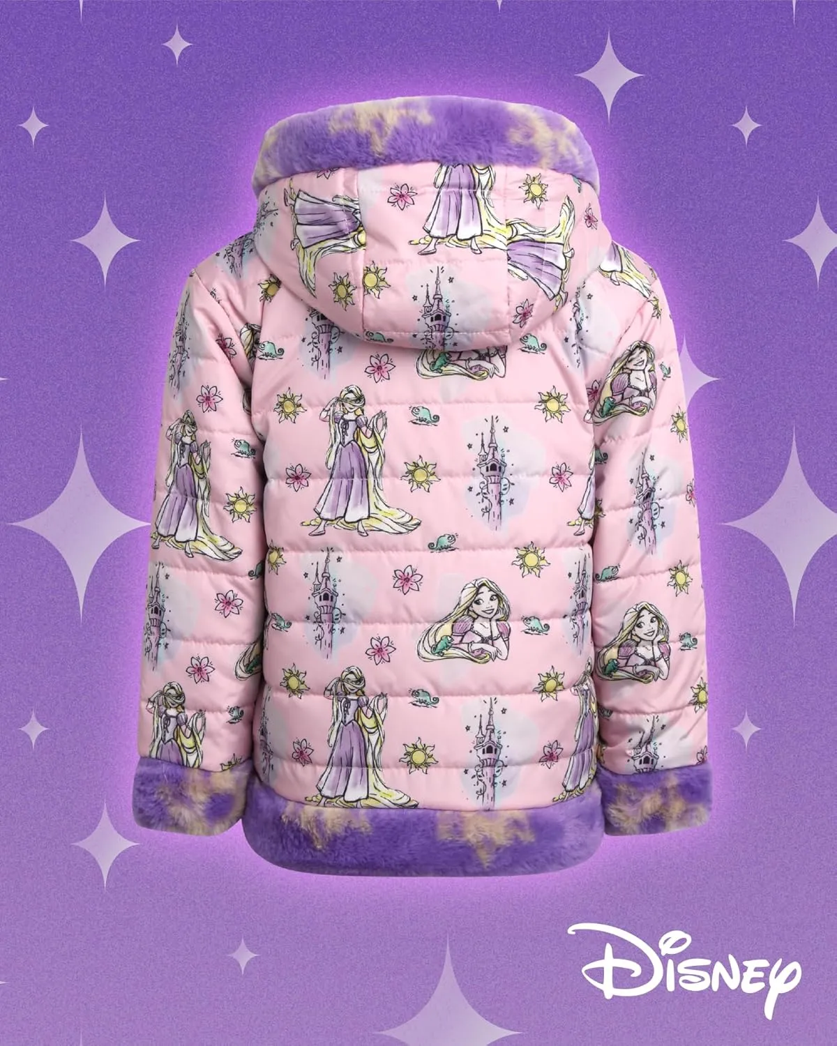 Disney Girls' Reversible Puffer Jacket - Princess, Minnie Mouse Quilted Jacket with Cozy Faux Fur Plush Sherpa Lining (2T-16)