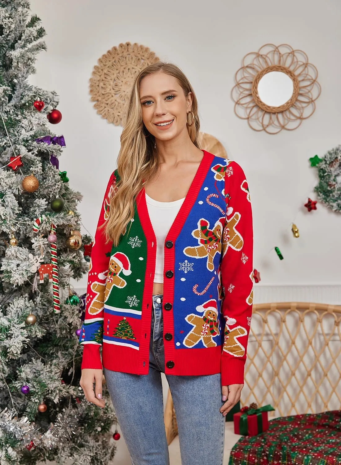 Goodstoworld Women Ugly Christmas Cardigan Sweater Long Sleeve Button Down Cozy V Neck Sweater Soft Knitwear