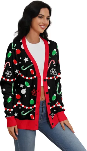 Goodstoworld Women Ugly Christmas Cardigan Sweater Long Sleeve Button Down Cozy V Neck Sweater Soft Knitwear