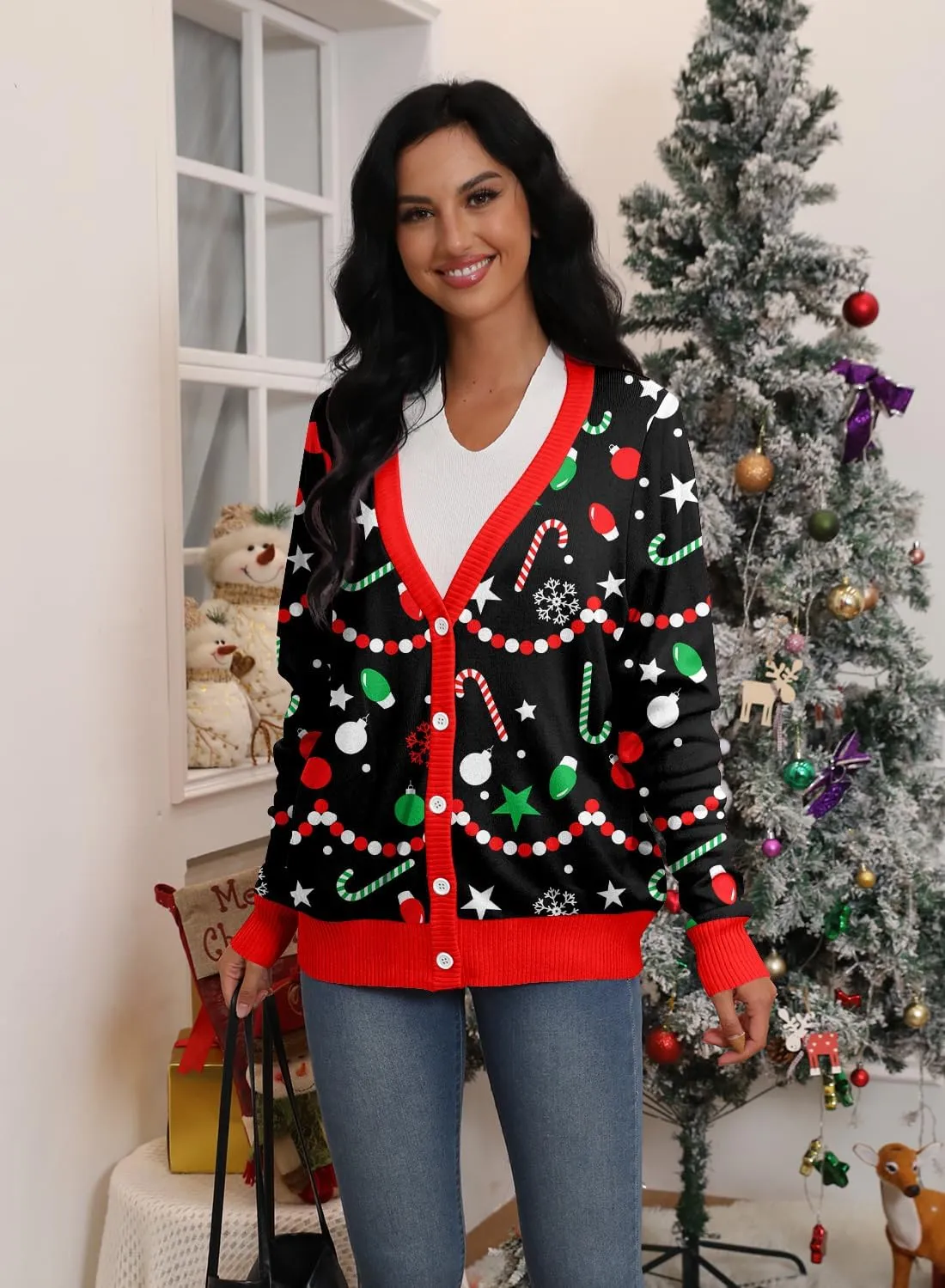 Goodstoworld Women Ugly Christmas Cardigan Sweater Long Sleeve Button Down Cozy V Neck Sweater Soft Knitwear