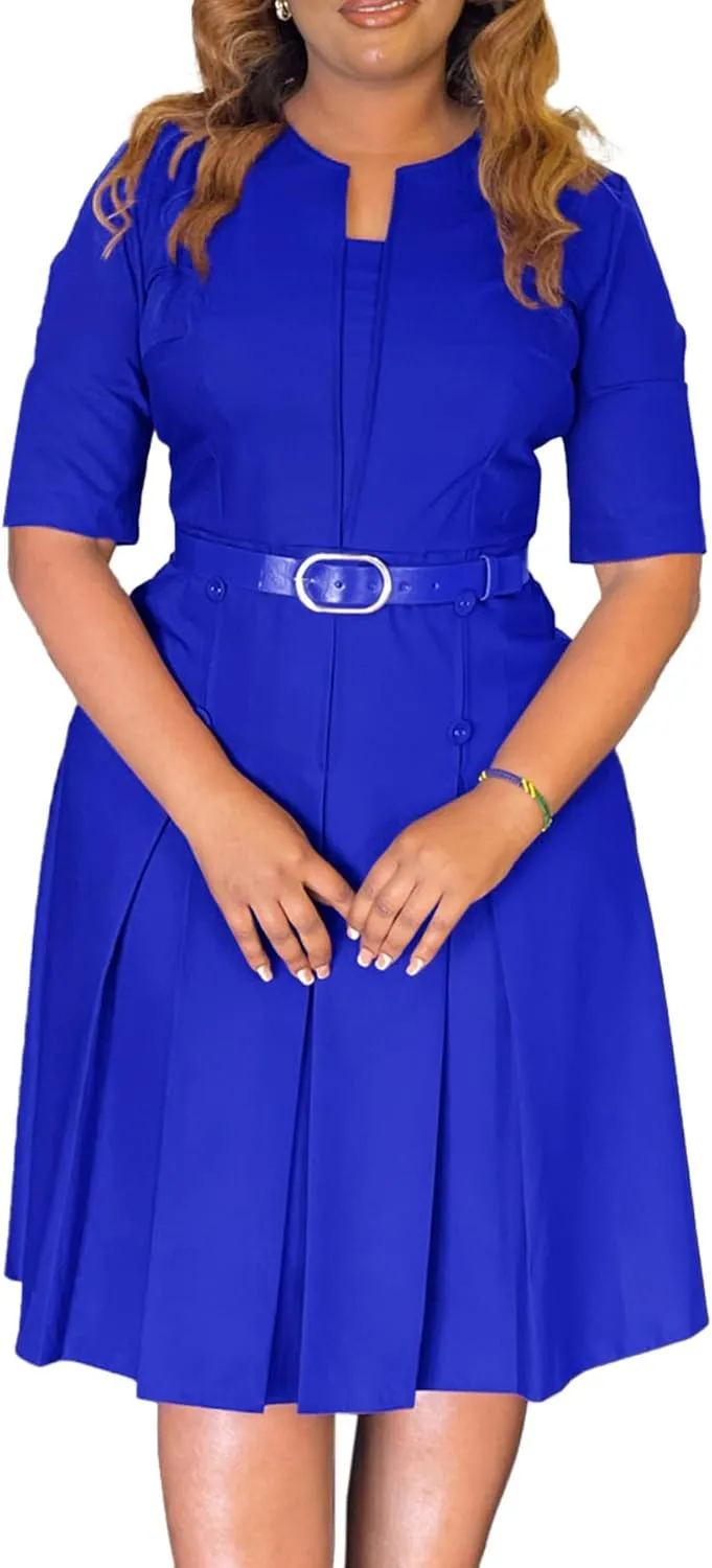 HuiSiFang Women's Work Blazer Dress Crewneck Dress Business Elegant Pleated Midi Dress with Belt