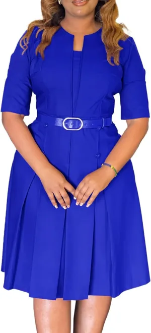 HuiSiFang Women's Work Blazer Dress Crewneck Dress Business Elegant Pleated Midi Dress with Belt