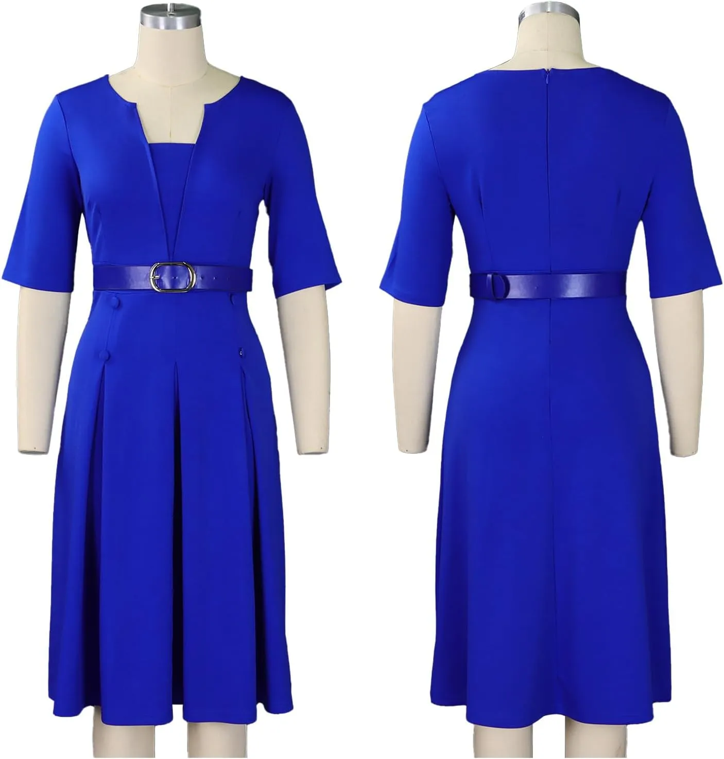 HuiSiFang Women's Work Blazer Dress Crewneck Dress Business Elegant Pleated Midi Dress with Belt