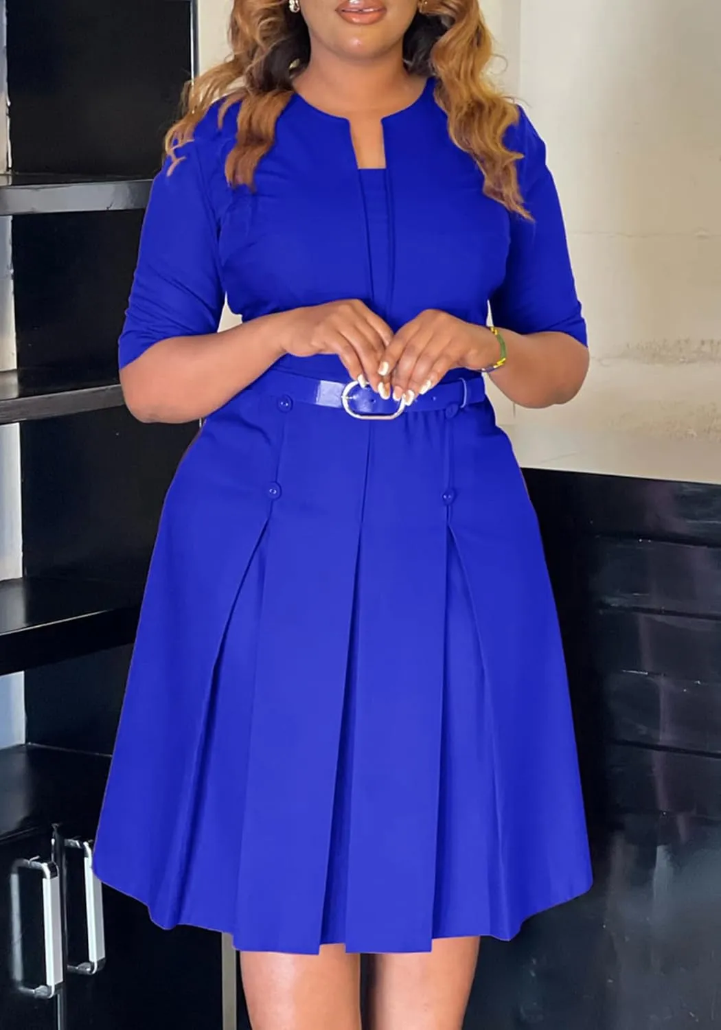HuiSiFang Women's Work Blazer Dress Crewneck Dress Business Elegant Pleated Midi Dress with Belt