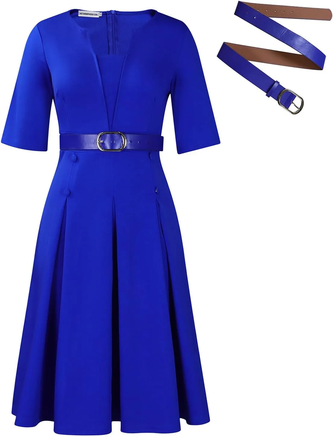 HuiSiFang Women's Work Blazer Dress Crewneck Dress Business Elegant Pleated Midi Dress with Belt
