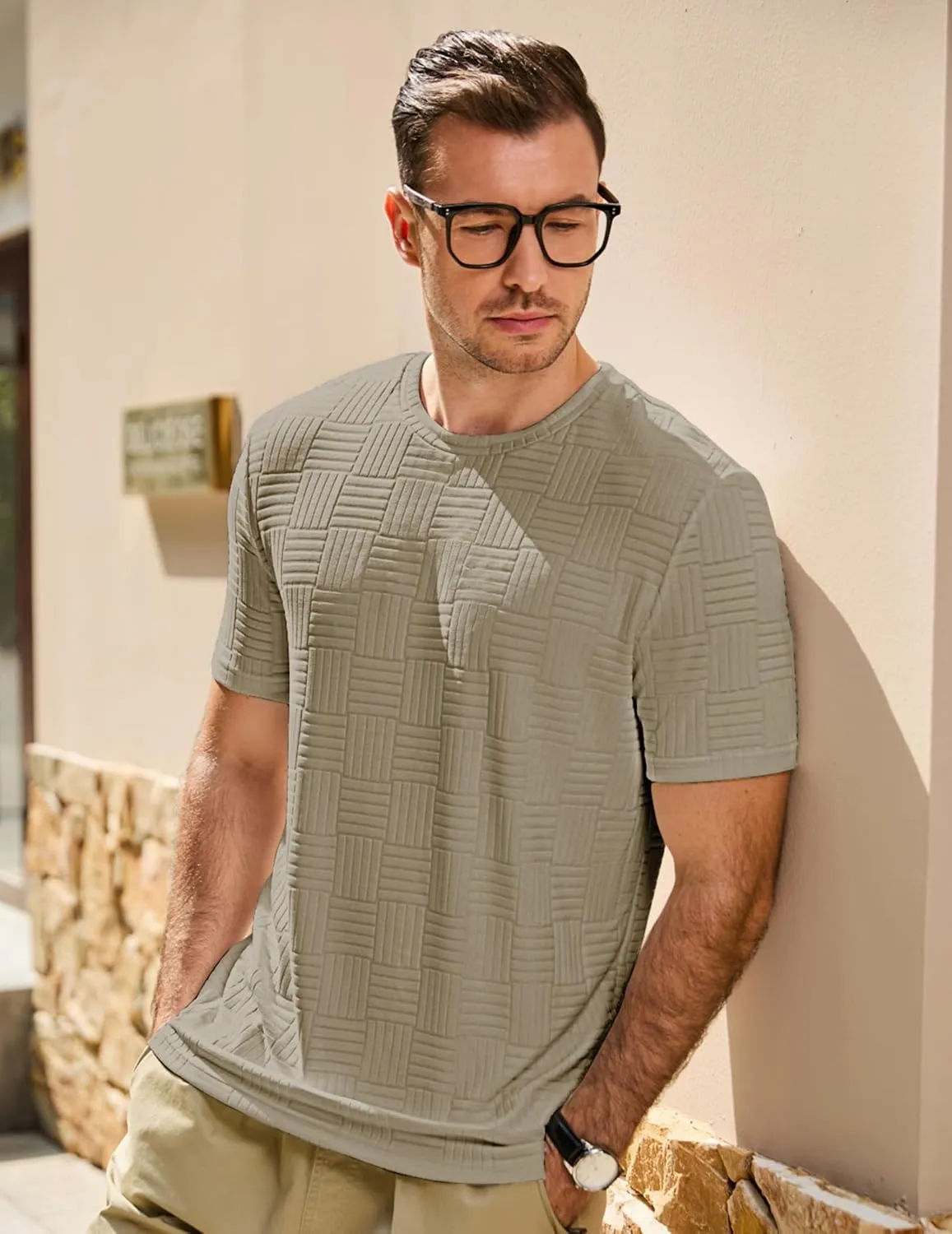 JMIERR Mens T-Shirt Casual Stretch Solid Crewneck Short Sleeve Tees Textured Shirts