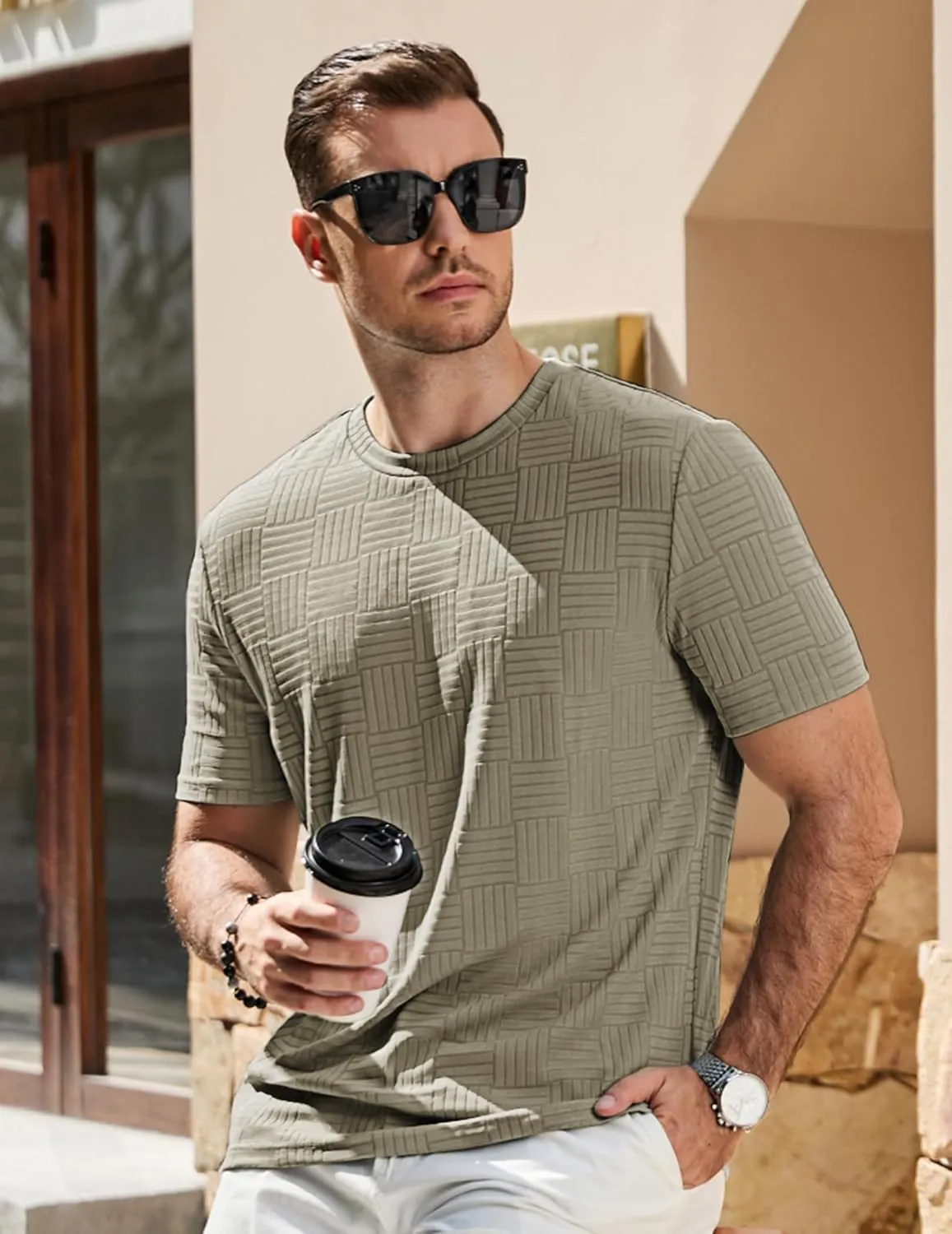 JMIERR Mens T-Shirt Casual Stretch Solid Crewneck Short Sleeve Tees Textured Shirts