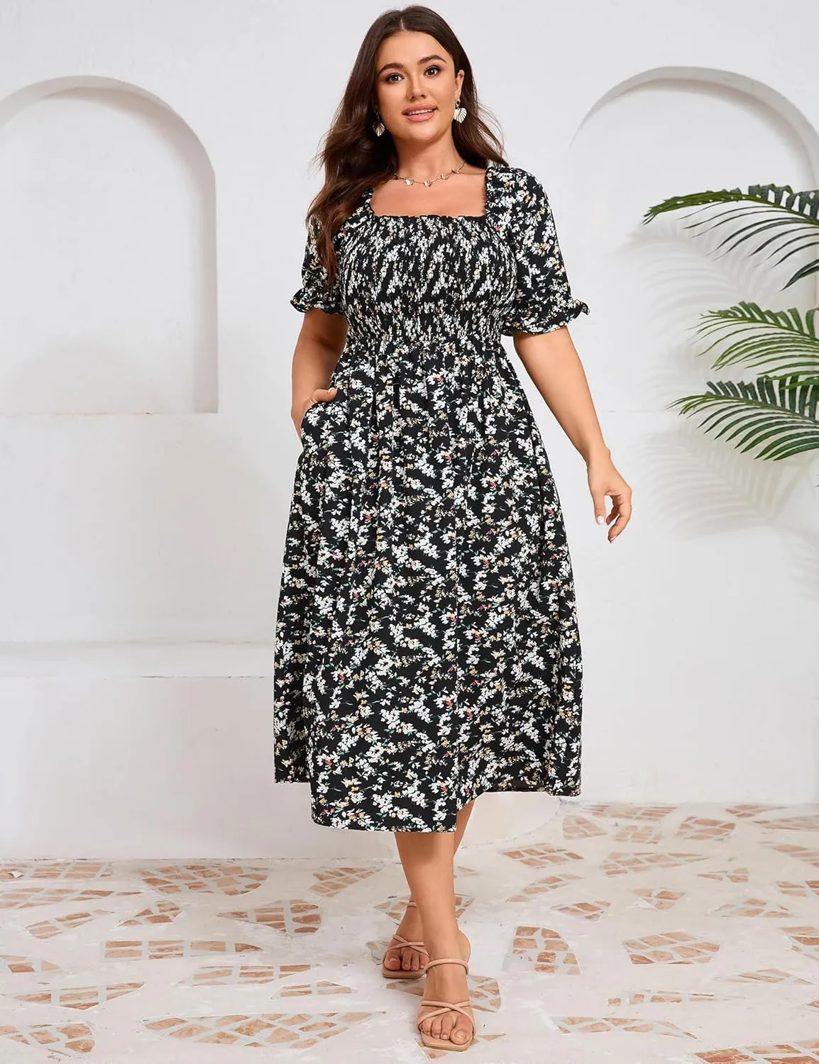 KOJOOIN Womens Puff Sleeve Summer Floral Dress Plus Size Smocked Ruffle Square Neck Casual Dress Cute Midi Dress