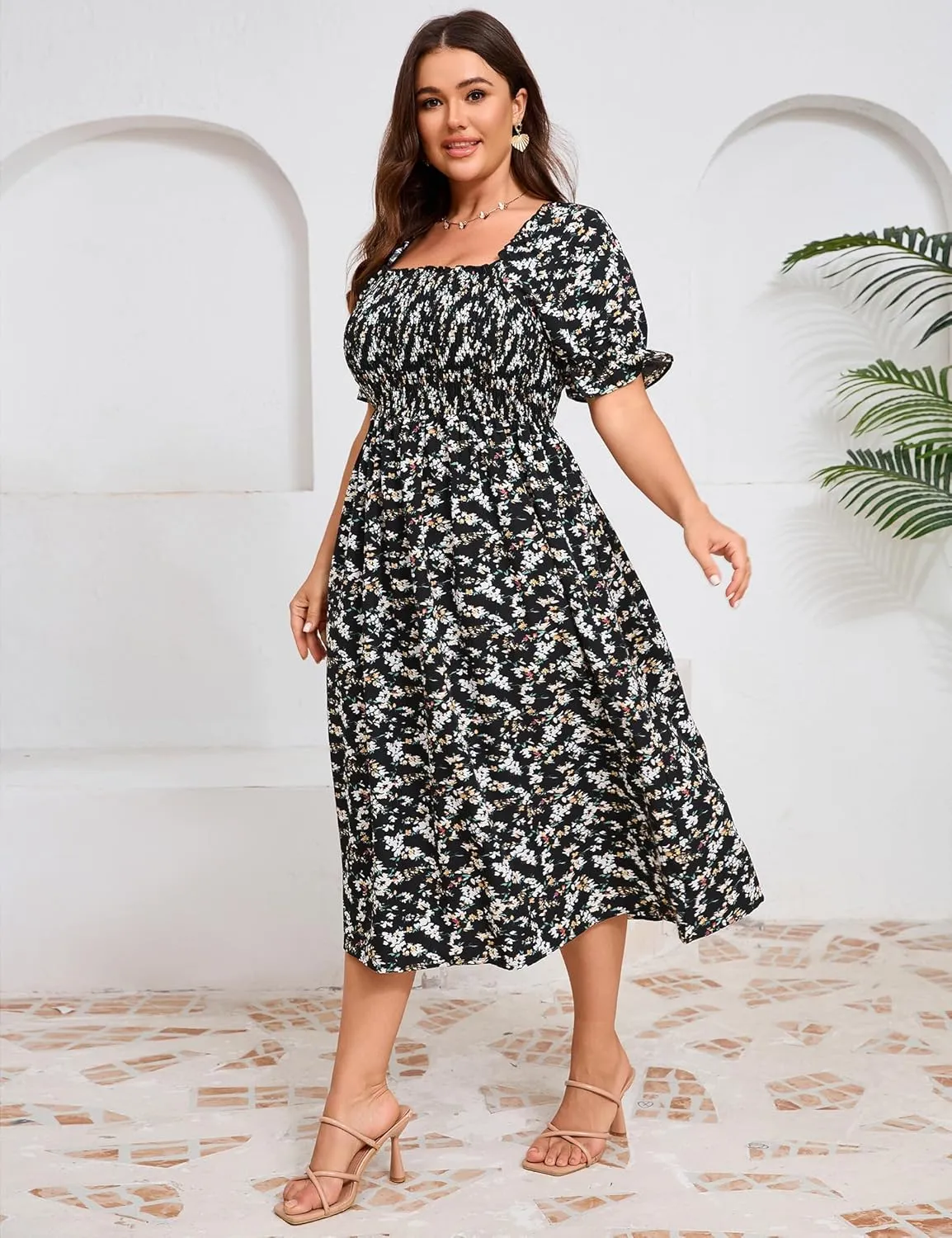 KOJOOIN Womens Puff Sleeve Summer Floral Dress Plus Size Smocked Ruffle Square Neck Casual Dress Cute Midi Dress