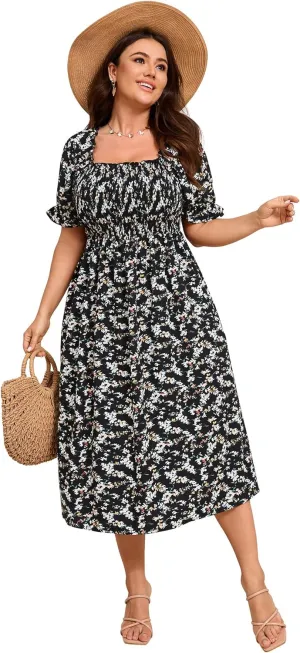 KOJOOIN Womens Puff Sleeve Summer Floral Dress Plus Size Smocked Ruffle Square Neck Casual Dress Cute Midi Dress