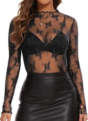Lace Tops for Women Long Sleeve Sexy Mesh Top Going Out Dressy Sheer Top See Through