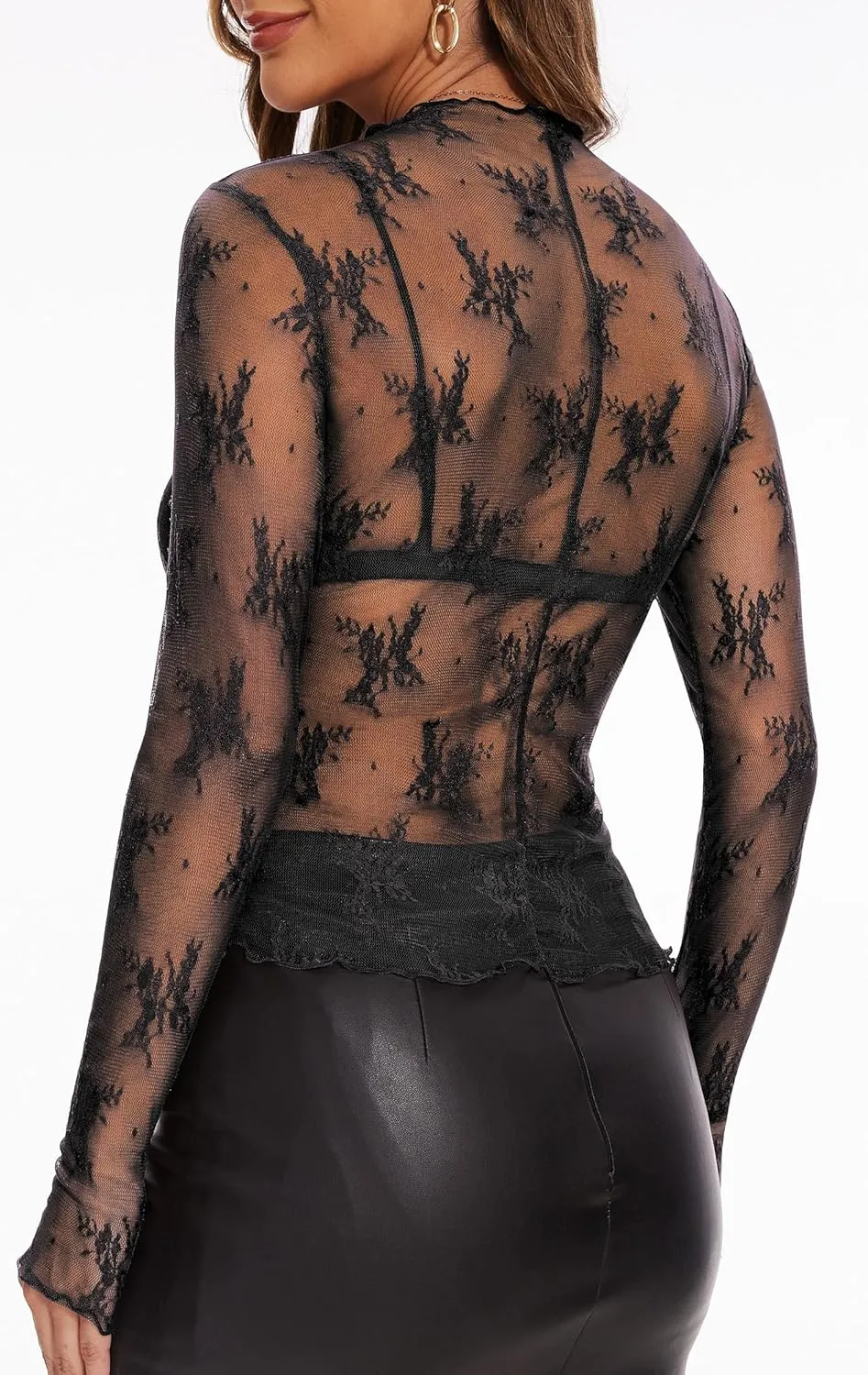 Lace Tops for Women Long Sleeve Sexy Mesh Top Going Out Dressy Sheer Top See Through