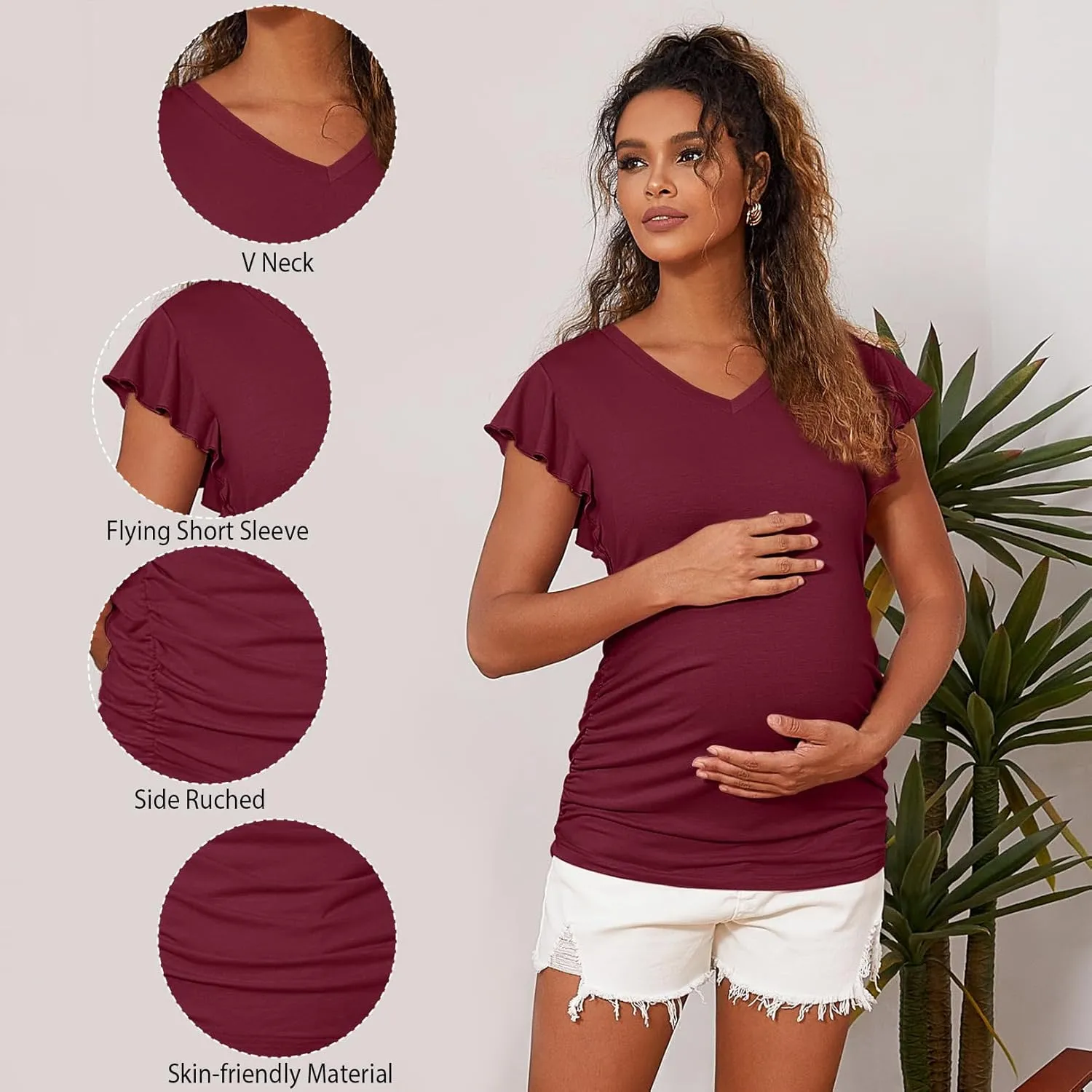 Maternity Pregnancy V Neck Fly Short Sleeve Stylish T Shirt Pregnant Side Ruched Top Shirt