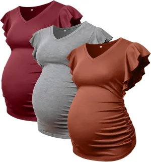 Maternity Pregnancy V Neck Fly Short Sleeve Stylish T Shirt Pregnant Side Ruched Top Shirt