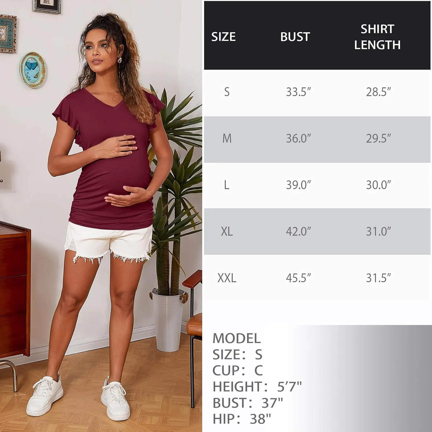 Maternity Pregnancy V Neck Fly Short Sleeve Stylish T Shirt Pregnant Side Ruched Top Shirt