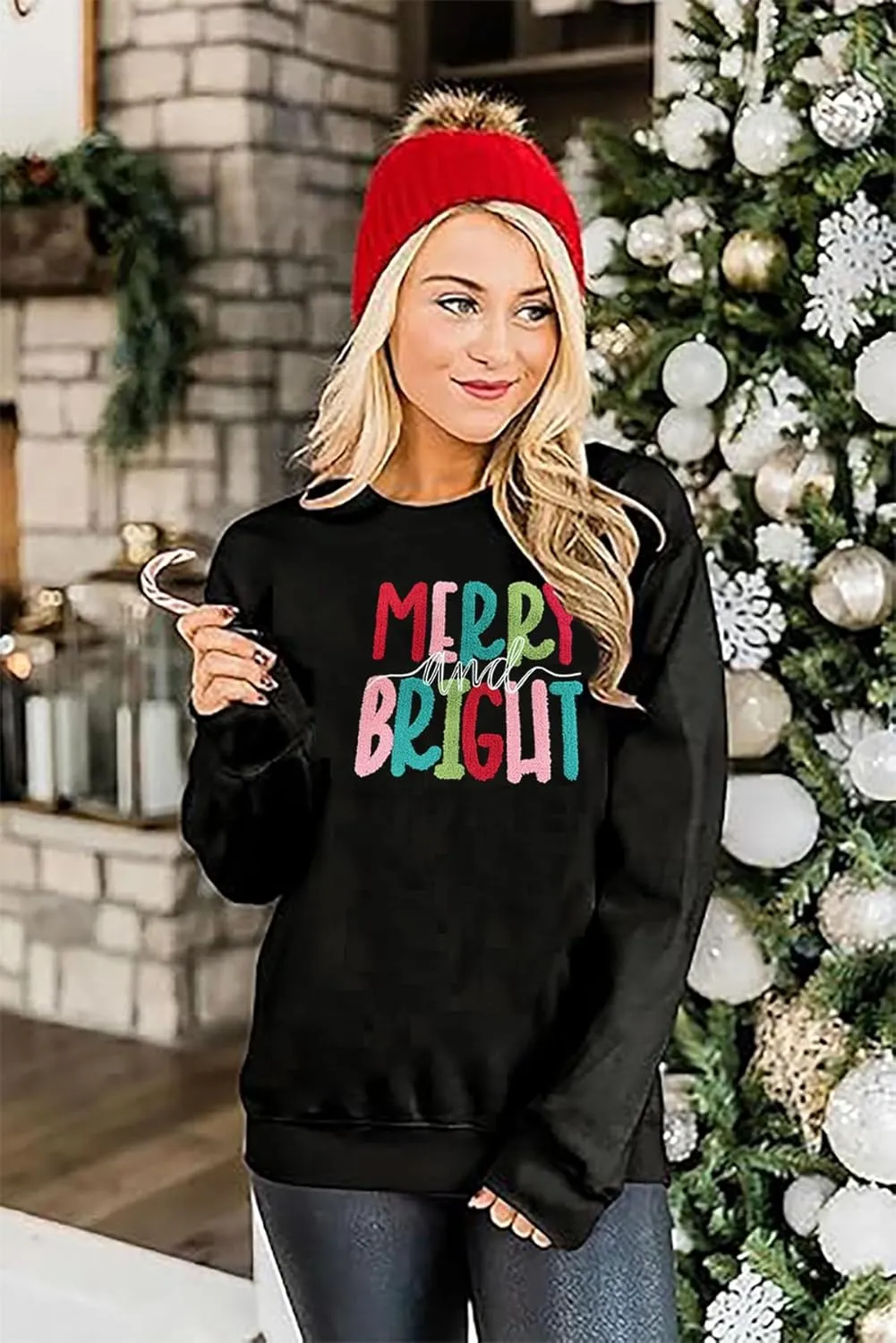 Merry Christmas Sweatshirts Women Merry And Bright Christmas Pullover Top Chenille Patch Letter Printed Xmas Gifts Top