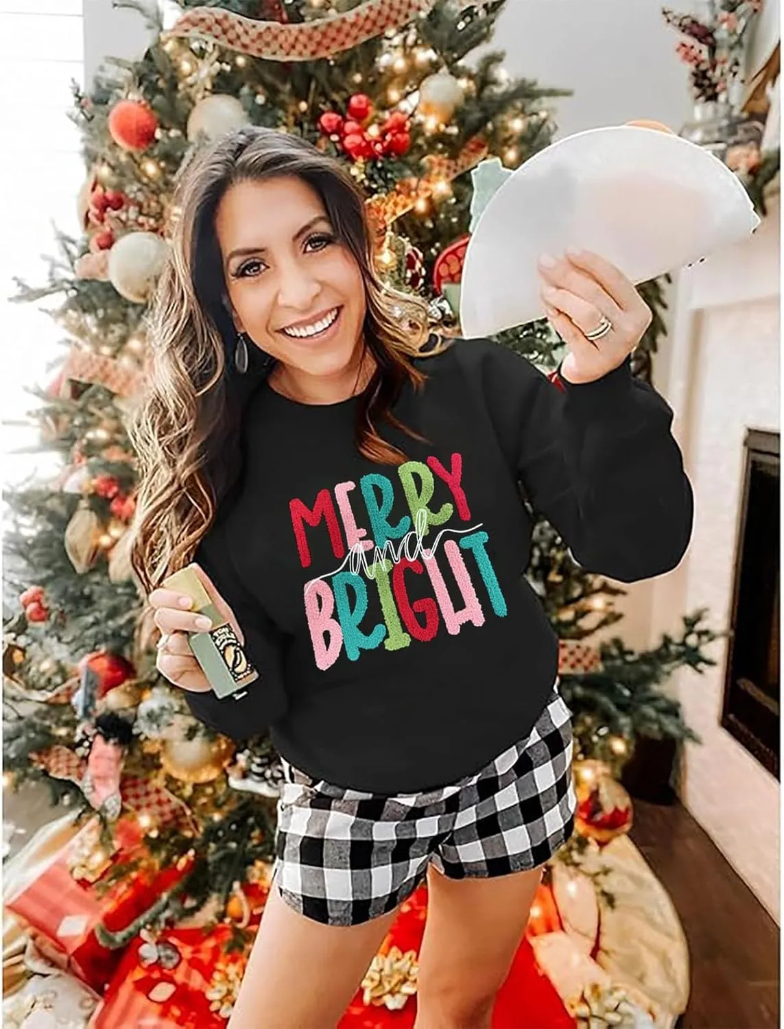 Merry Christmas Sweatshirts Women Merry And Bright Christmas Pullover Top Chenille Patch Letter Printed Xmas Gifts Top