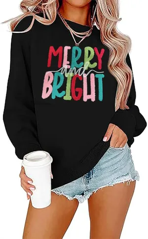 Merry Christmas Sweatshirts Women Merry And Bright Christmas Pullover Top Chenille Patch Letter Printed Xmas Gifts Top
