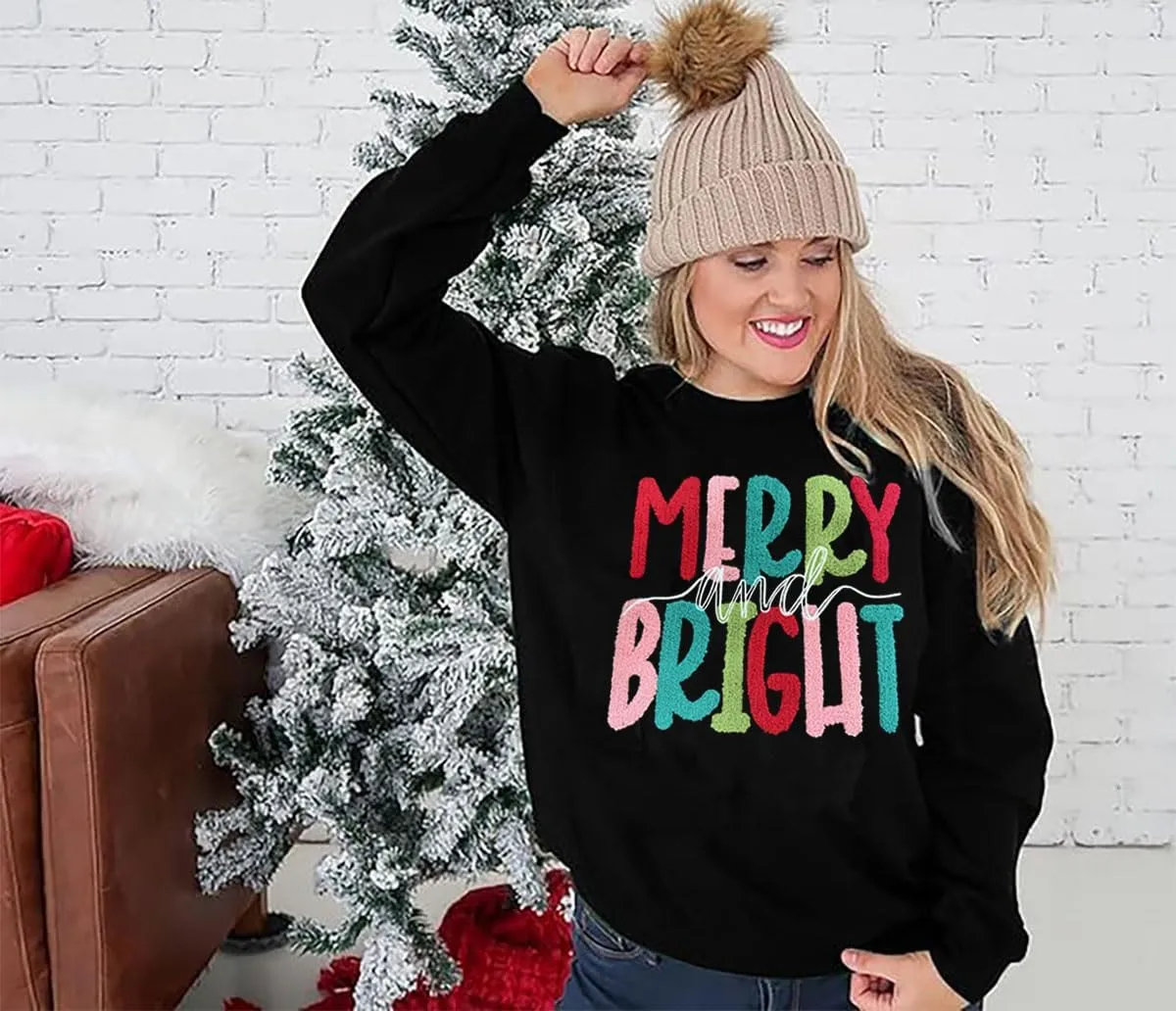 Merry Christmas Sweatshirts Women Merry And Bright Christmas Pullover Top Chenille Patch Letter Printed Xmas Gifts Top