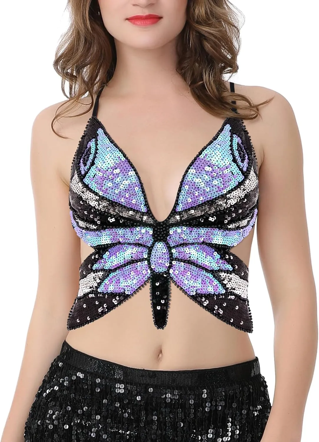 Mocure Womens Glitter Sequin Butterfly Crop Top Low-Cut Tank Top Rave Tube Vest Top for Belly Dance Costume Outfits