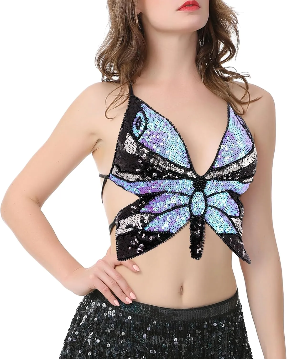 Mocure Womens Glitter Sequin Butterfly Crop Top Low-Cut Tank Top Rave Tube Vest Top for Belly Dance Costume Outfits