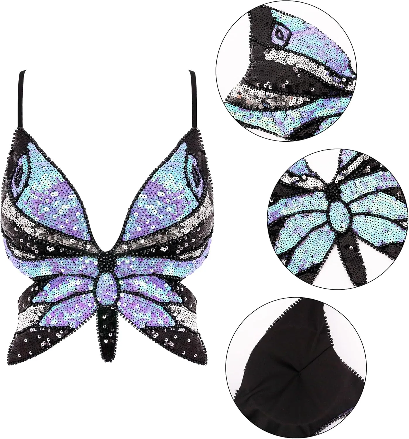 Mocure Womens Glitter Sequin Butterfly Crop Top Low-Cut Tank Top Rave Tube Vest Top for Belly Dance Costume Outfits