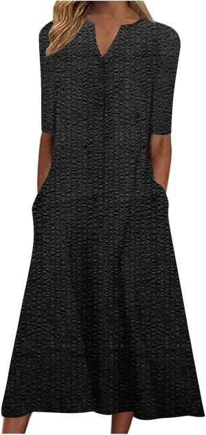 NaRHbrg Womens Summer Dress Casual Floral Print Midi Dress Button V Neck Short Sleeve Dresses Flowy Boho Beach Party Sundress