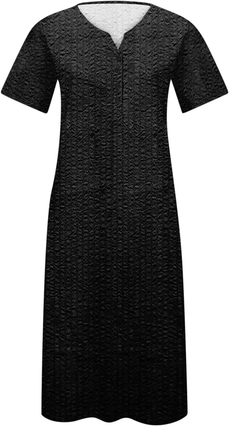 NaRHbrg Womens Summer Dress Casual Floral Print Midi Dress Button V Neck Short Sleeve Dresses Flowy Boho Beach Party Sundress