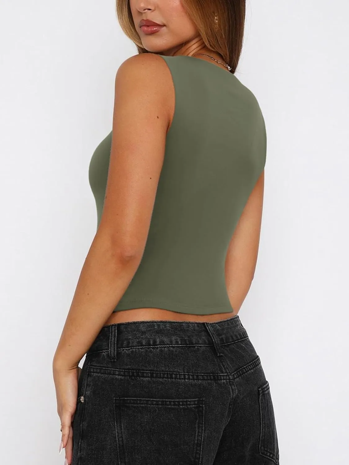 REORIA Women's Sexy V Neck Crop Tank Top Y2K Slim Going Out Top Double Lined Basic Shirt