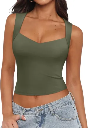 REORIA Women's Sexy V Neck Crop Tank Top Y2K Slim Going Out Top Double Lined Basic Shirt
